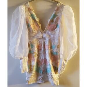 ASOS Mini Dress White Size 2 Pastel Applique Sheer Sleeve Satin Party Prom Club